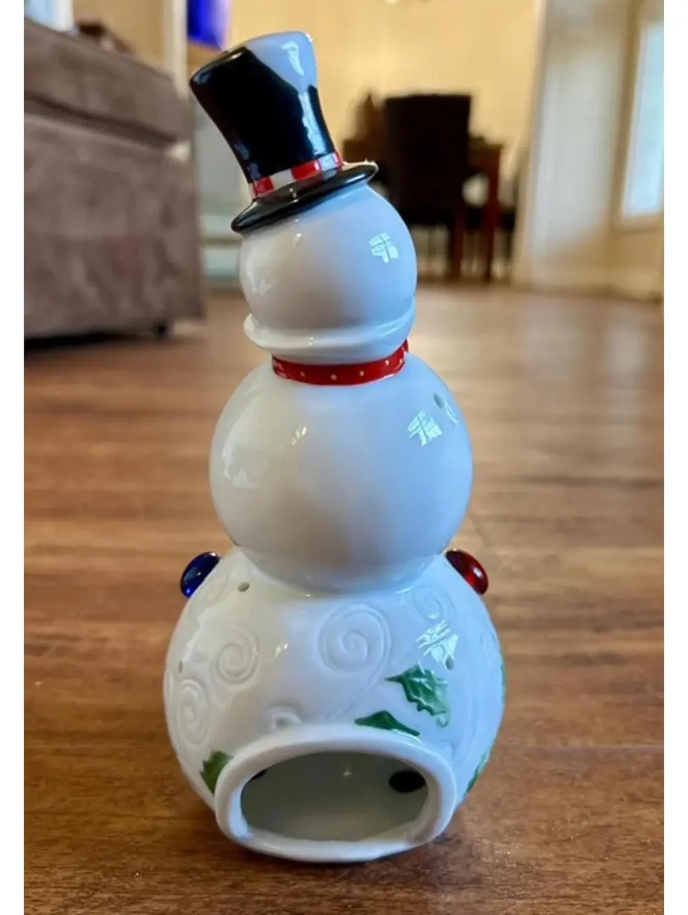 Ceramic Snowman Candle Holder with Colorful Accents and Top Hat